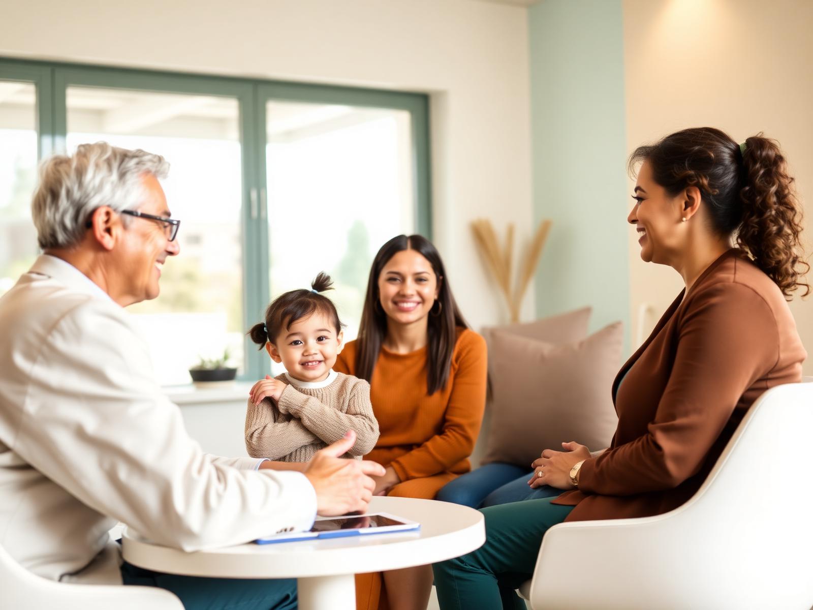 A family meeting with a healthcare advisor in a bright office